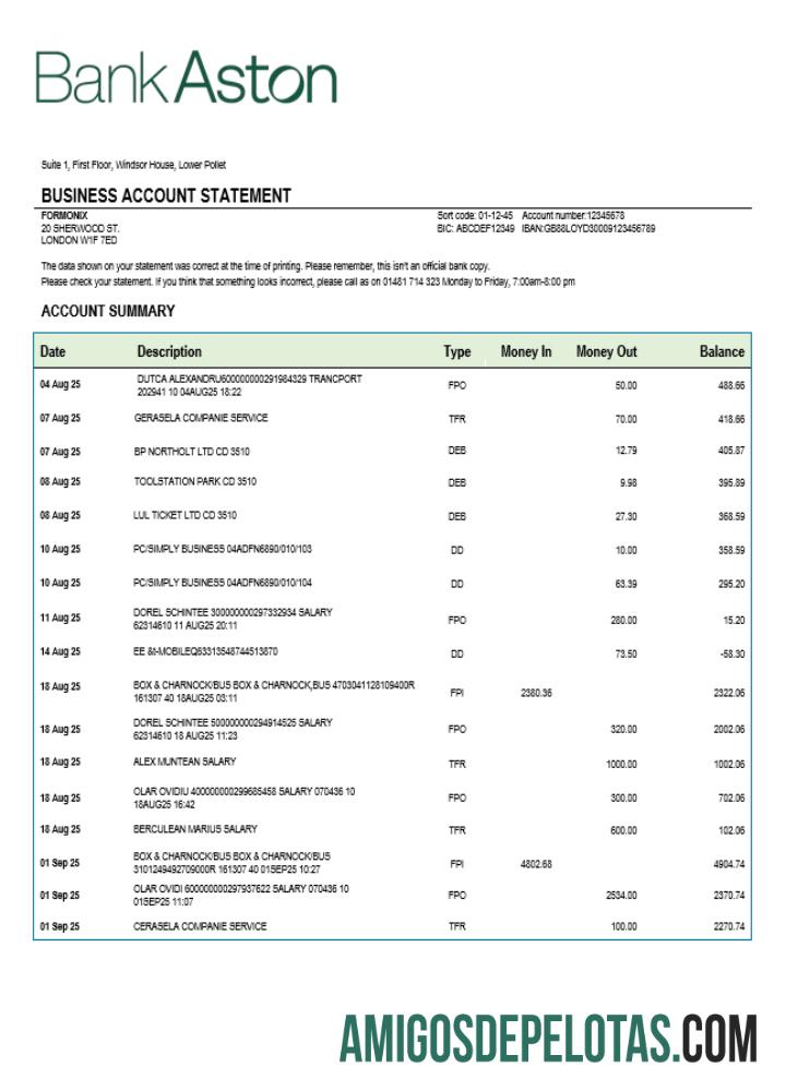 Imprimível Reino Unido Bank Of Aston Business Checking modelo de extrato de conta Word e PDF
